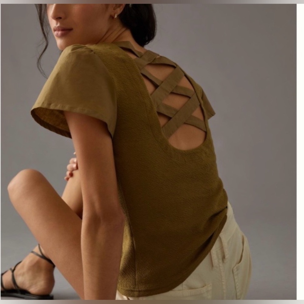 Anthropologie Short Sleeve Lace-Up Flutter Top Criss Cross Back size xs Olive